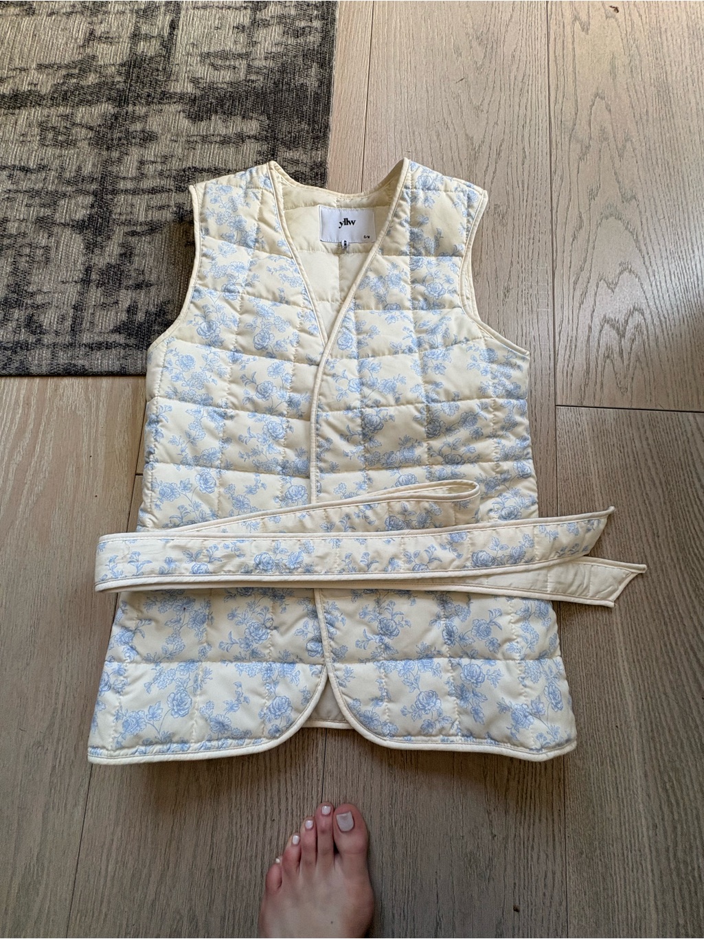 Yellow The Label Quilted Floral Wrap Vest In Cream & Light Blue